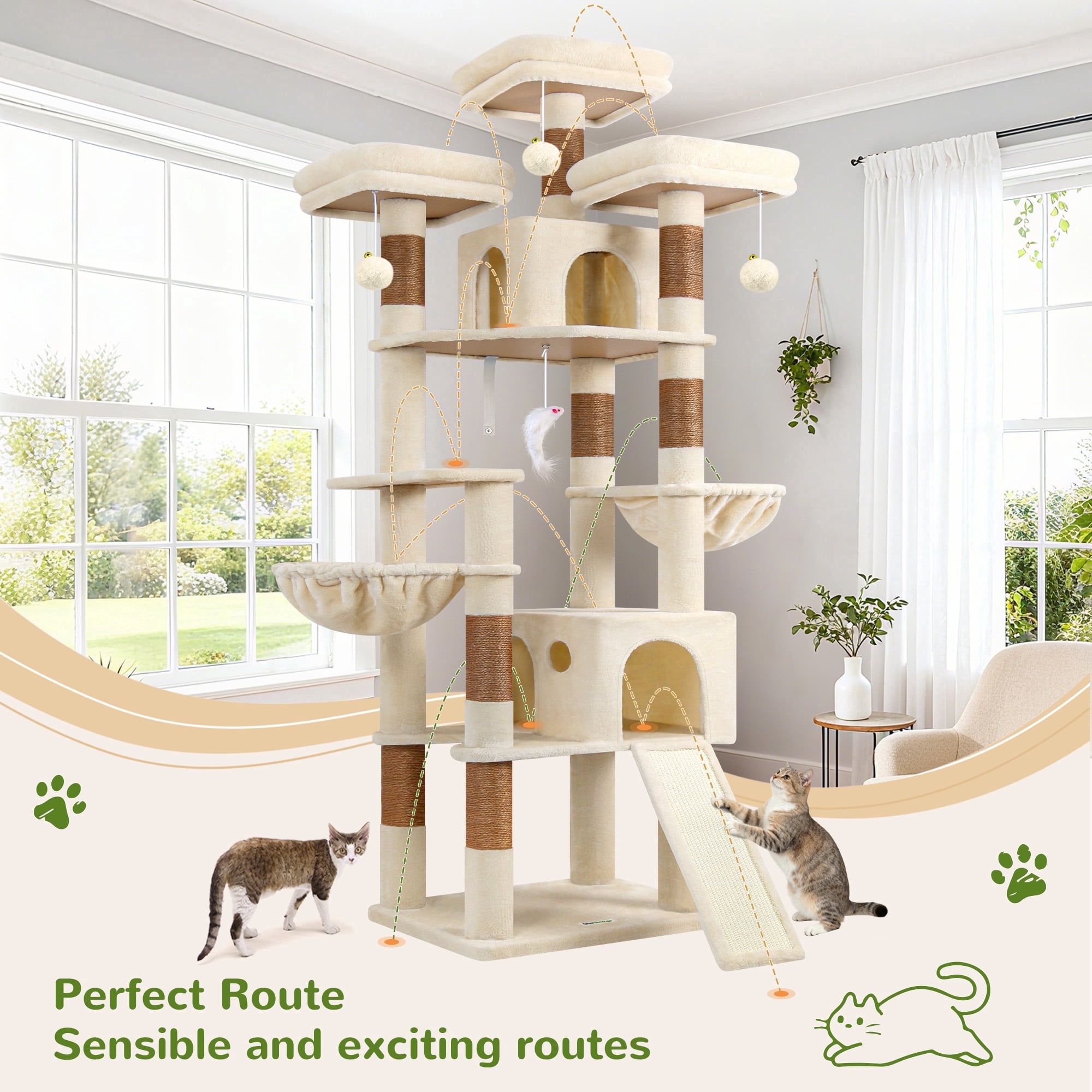 Globlazer 83'' Multi-Level Large Cat Tree Tower for Indoor Cats with Sisal Scratching Post, Hammock & 2 Condos, Beige