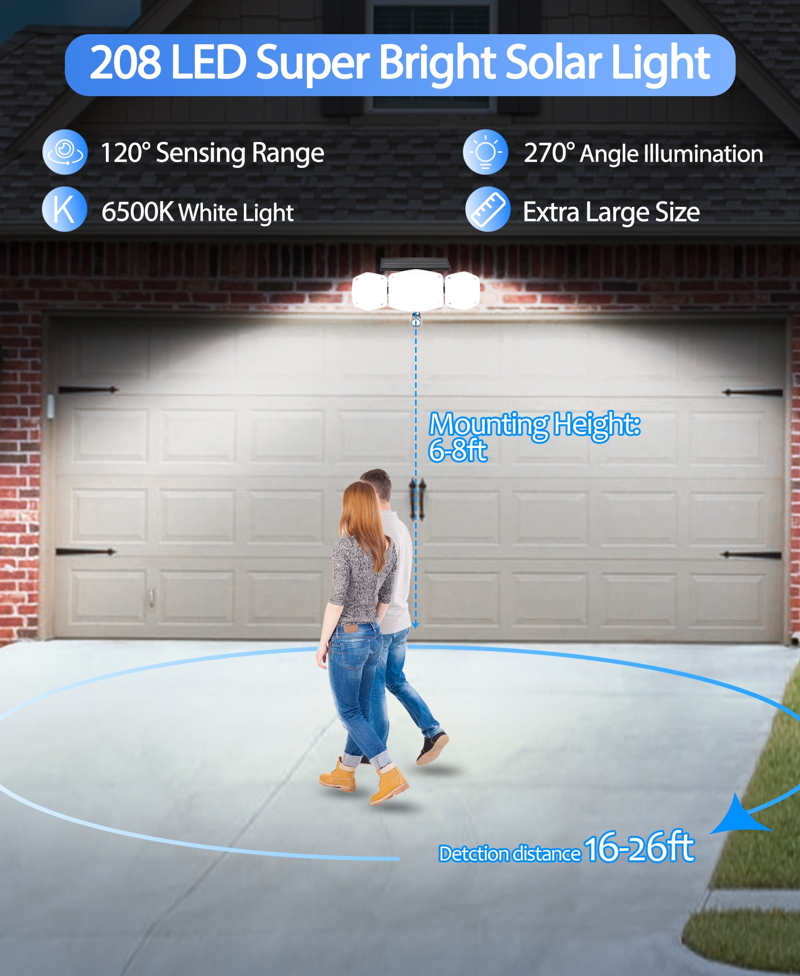 HAARAY Solar Motion Sensor Outdoor Lights with Ground Stake, 3-Head Adjustable 208 LED Solar Wall Security Flood Light IP65 Waterproof for Outside Porch Yard Garden Garage, 2 Pack