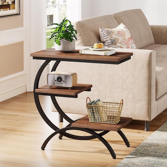 Finmind C Shaped 3-Tier Side Table for Couch, Industrial Wood Bedside Table End Table, 3-Tier Couch Table for Small Spaces, Living Room, Dark Brown