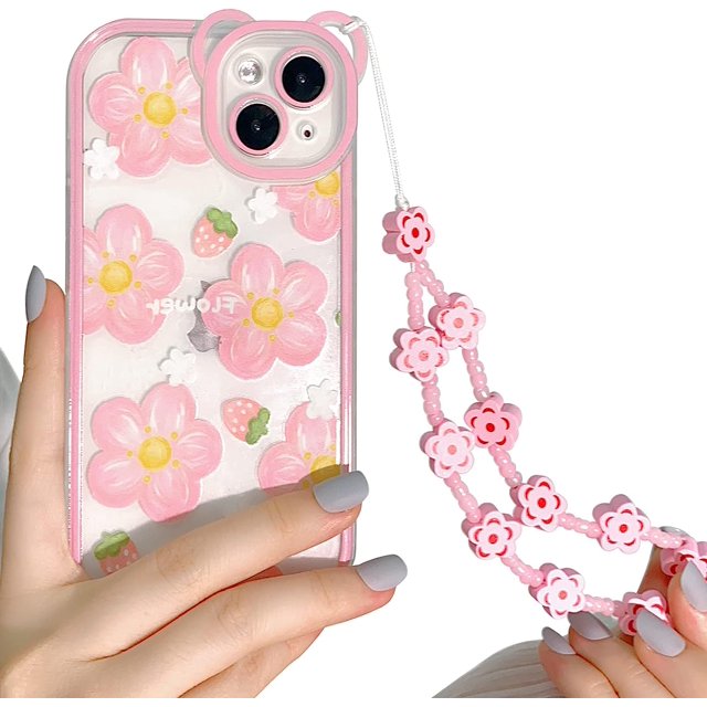 Funda transparente compatible con iPhone 14, diseño floral con cadena para niñas y mujeres, suave TPU a prueba de golpes, protectora para iPhone 14, diseño de flores rosas.