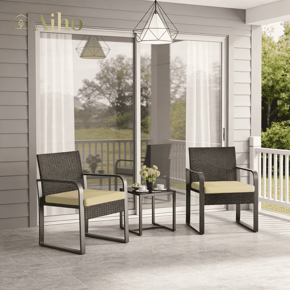 Aiho 3 Pieces Outdoor Patio Furniture Set, All Weather Rattan Patio Chairs Set with Coffee Table, Outdoor Furniture Set for Garden, Yard, Beige Cushions