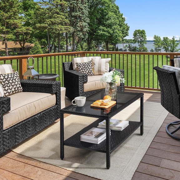 HLL Outdoor Wicker Coffee Side Table, All-Weather Rattan Patio Storage Furniture with Tempered Glass Top for Garden, Black