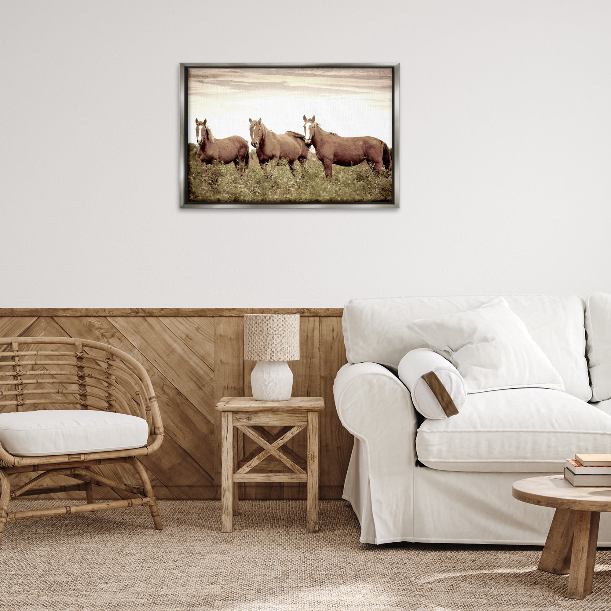 Stupell Industries Horse Trio Gaze Animals Painting Gray Floater Framed Canvas Art Print Wall Art, 31 x 21