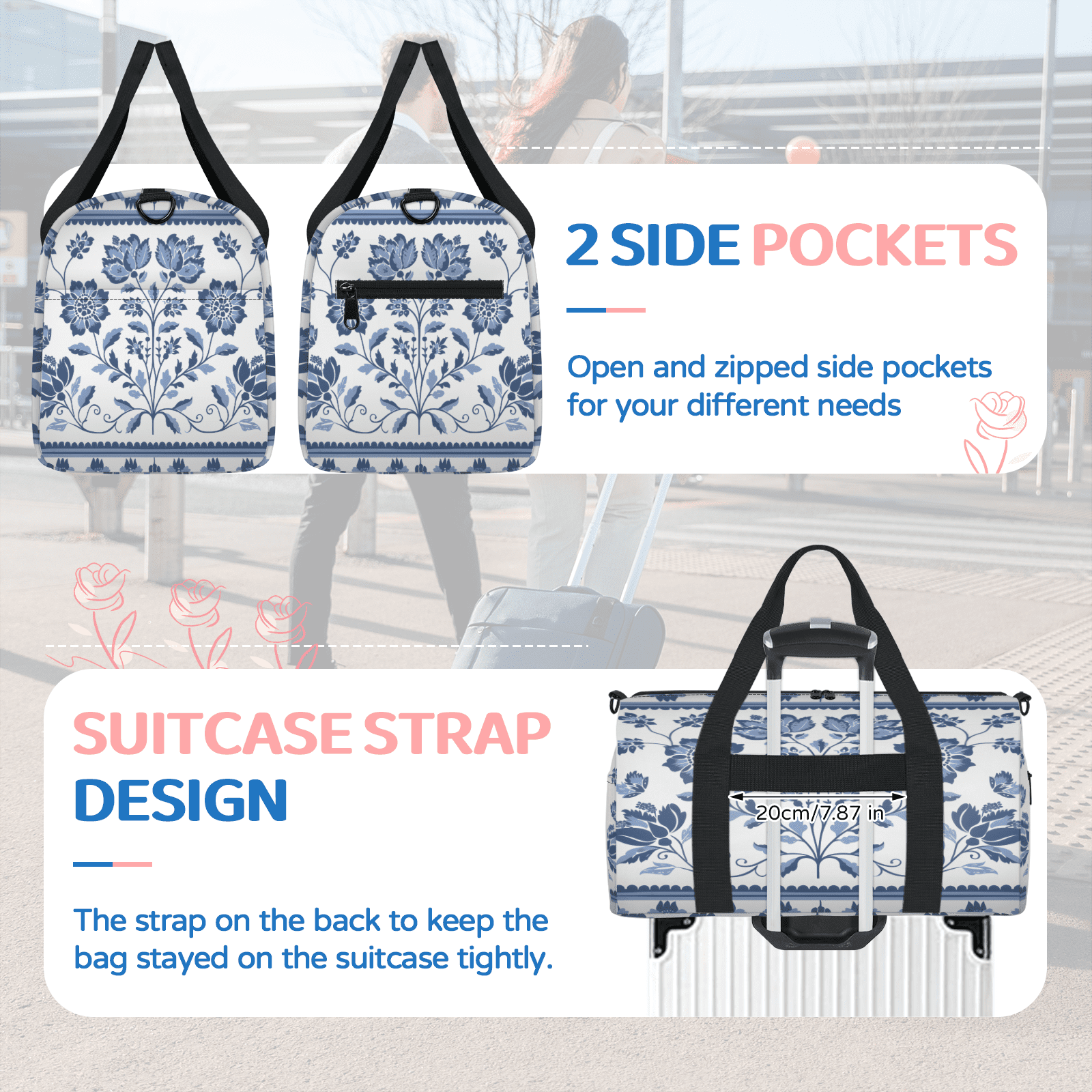 Herdesigns Floral Travel Duffle Bag Sports Yoga Weekender Overnight Carry on Workout Bags Lightweight Waterproof Gym Tote Bag for Women Vintage Flower