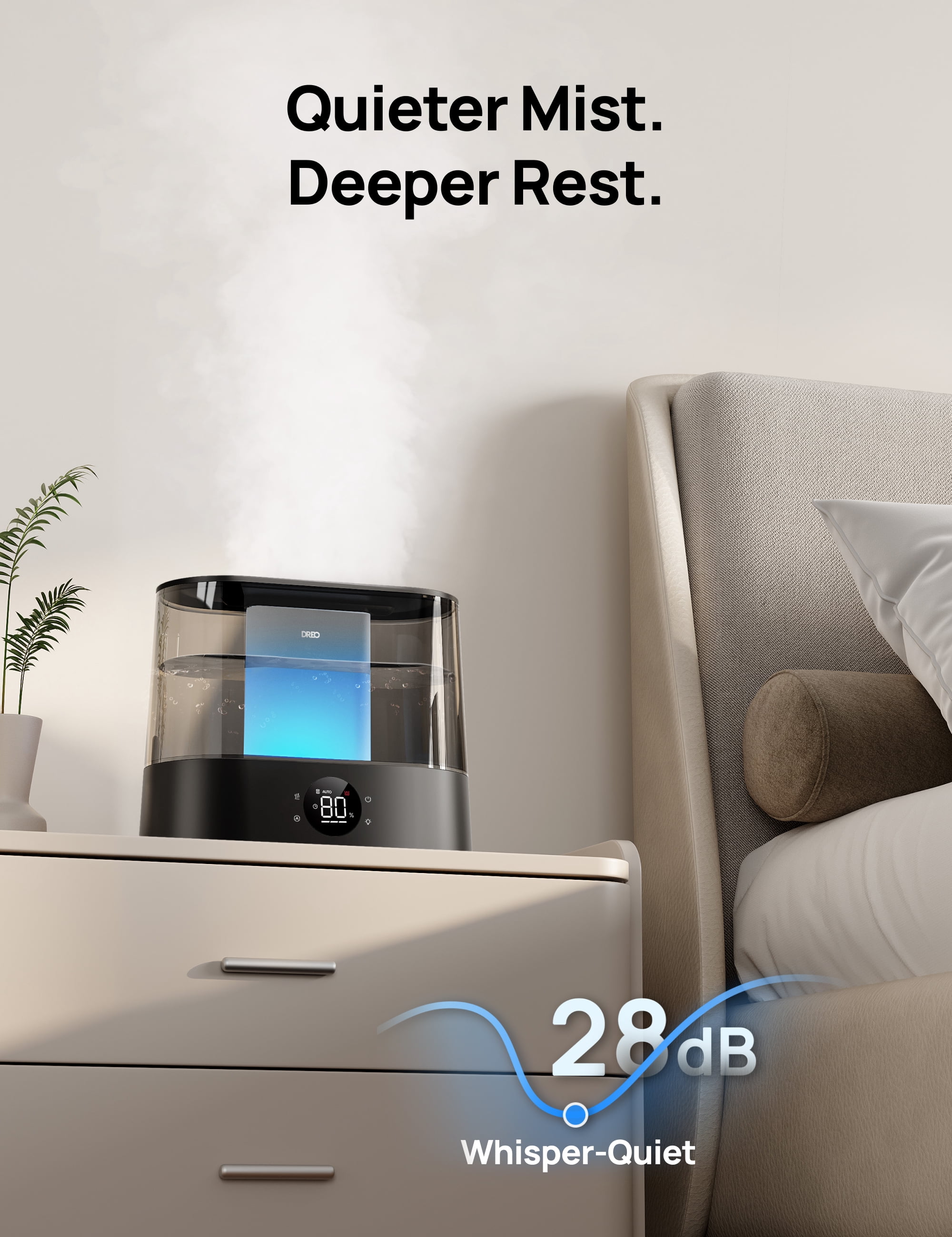 DREO 1.06 gal Cool Mist Humidifier with Night Light for Large Roorm 36H Runtime Top-Fill 28dB Quiet for Bedroom, Black
