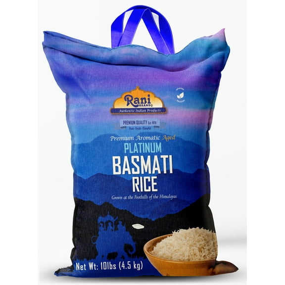 Rani Platinum White Basmati Rice Extra Long Aged 10-Pound Bag, 160oz (10lbs) 4.53kg ~ All Natural | Gluten Friendly | Vegan | Indian Origin | Kosher