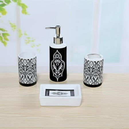 4 Piece Ceramic Black And White Damask Bath Set 4 Piece Ceramic Black And White Damask Bath Set