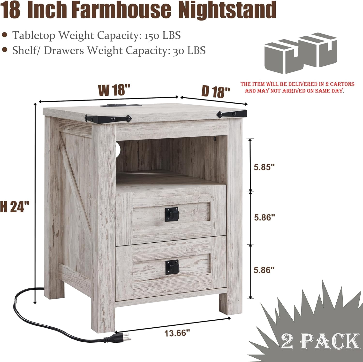 OKD Farmhouse Nightstand Set of 2 with Charging Station, 2-Drawer End Table, Antique Brush White
