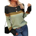 thumbnail image 3 of Women Autumn Winter Colorblock Pullover Sweaters Round Neck Striped Slim Fitting Knitwear Tops, 3 of 6