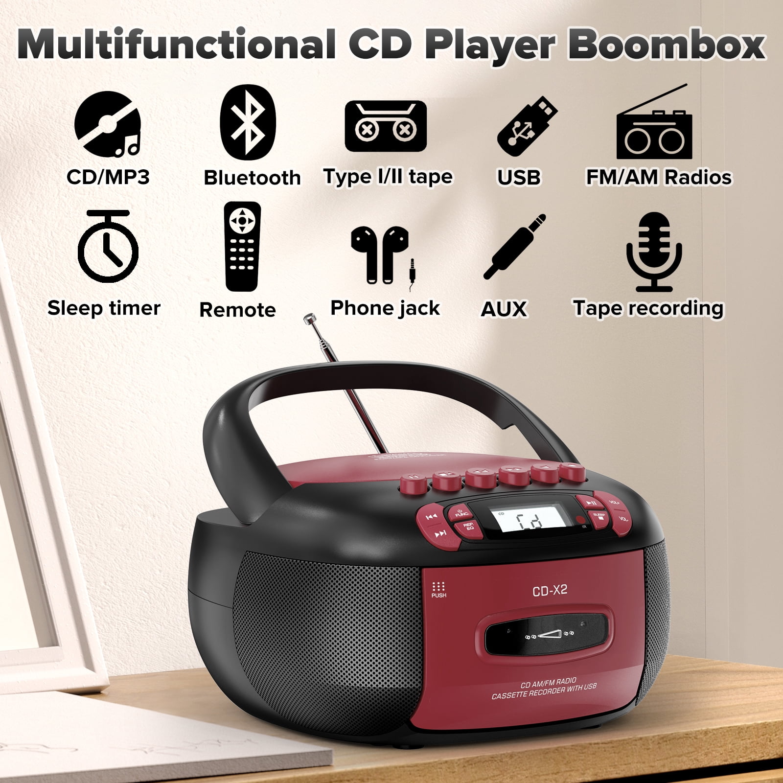 Boombox CD Cassette Player Combo, Boom Box and AM FM Radio with Bluetooth for Home & Outdoor, Stereo Sound with Remote Control