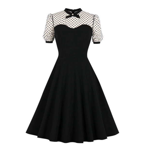 Moda Casual mujer malla temperamento elegante lunares costura Puffy Retro Swing manga corta cremallera vestido Fridja qw2215