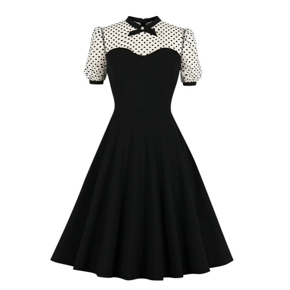 Lilgiuy Fashion Casual Women's Mesh Temperament Elegant Polka Dot Stitching Puffy Retro Swing Short Sleeve Zipper Dress Party Club Wedding Guest Dress