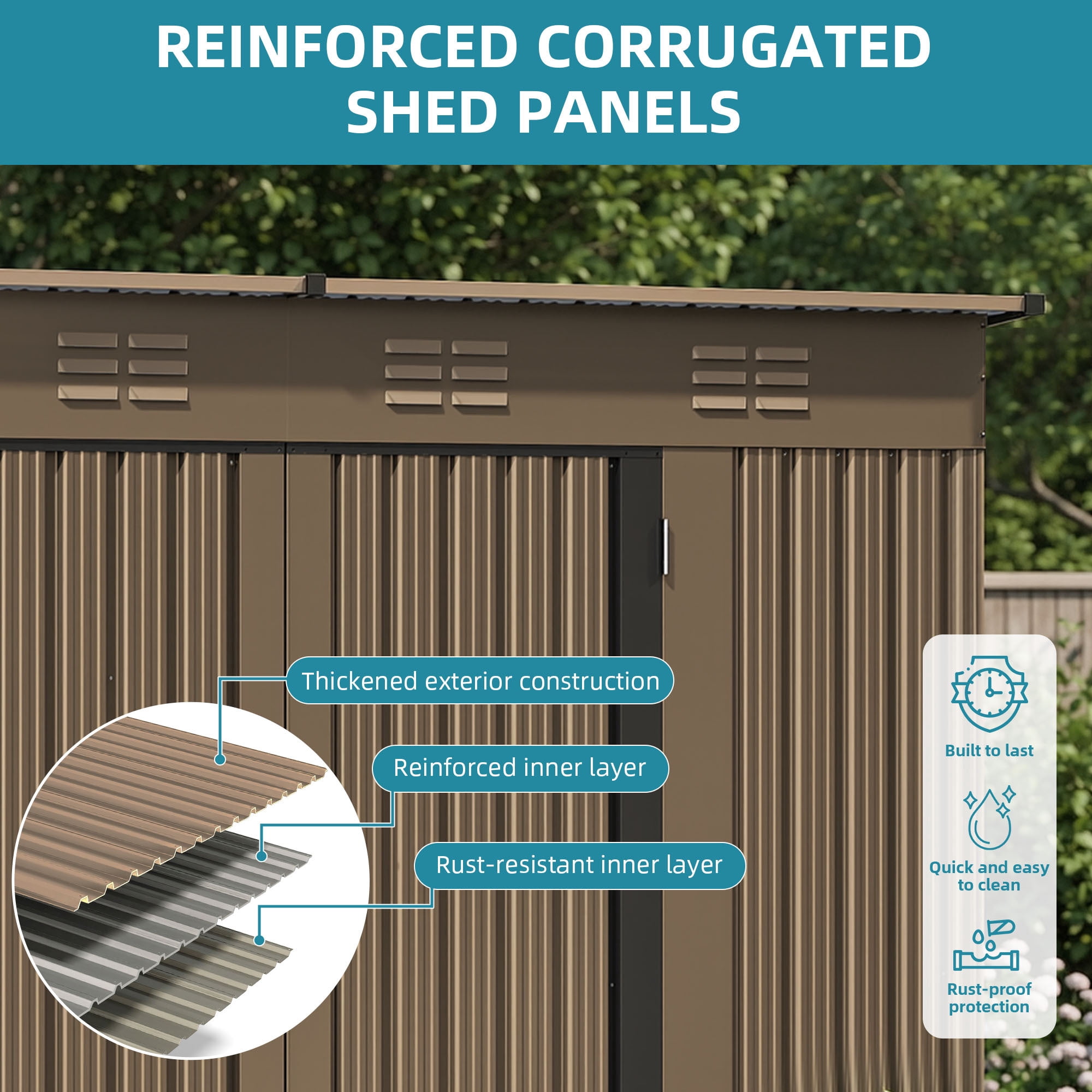 Uforic Large Outdoor Storage Shed, 9x4ft Heavy Duty Metal Tool Shed with Lockable Doors and Air Vents, for Bikes Tools Lawnmowers Backyard Patio Lawn, Brown