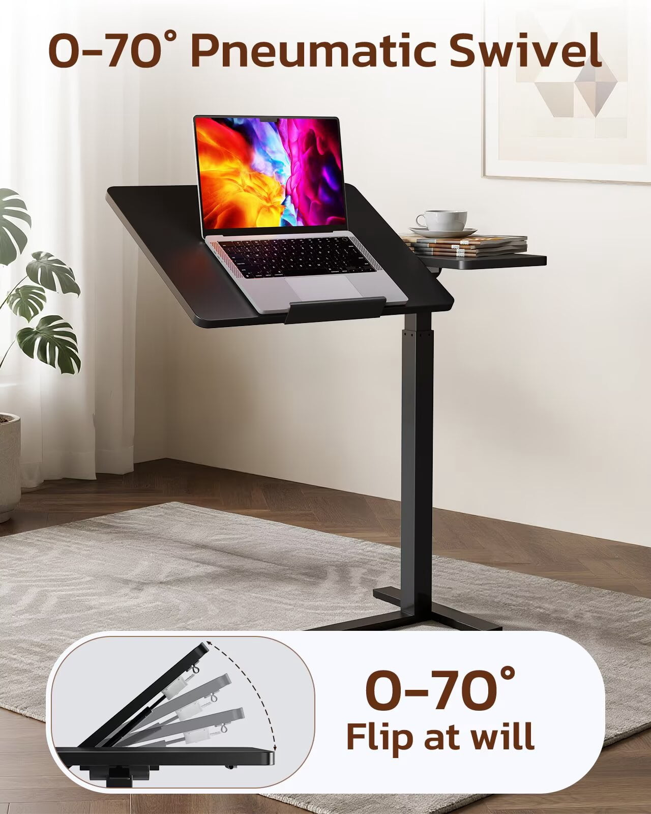 Simple Deluxe Standing Rolling Desk with Hidden Casters, Height Adjustable Pneumatic Mobile Laptop Desk, Tilting Bedside Table for Laptop, Overbed Bedside Table Hospital Home Use, Black
