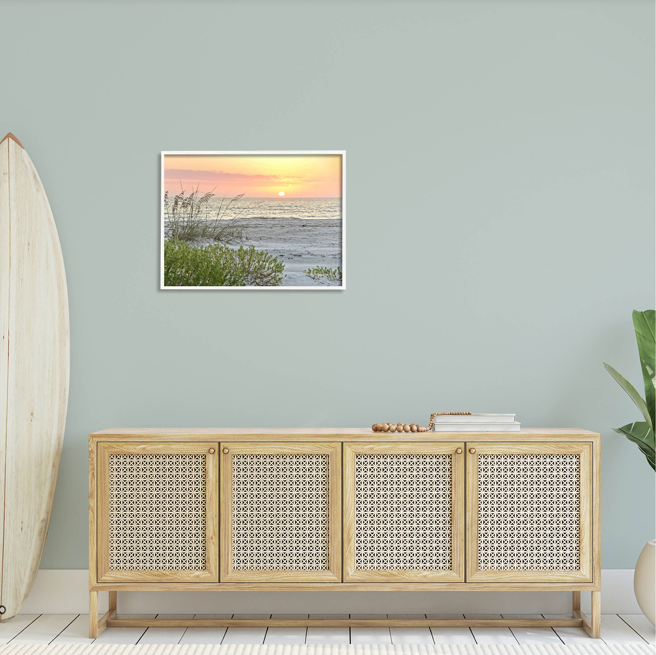 Stupell Industries Ocean Shore Reeds Sunset Horizon Photograph White Framed Art Print Wall Art, Design by Mary Lou Photography