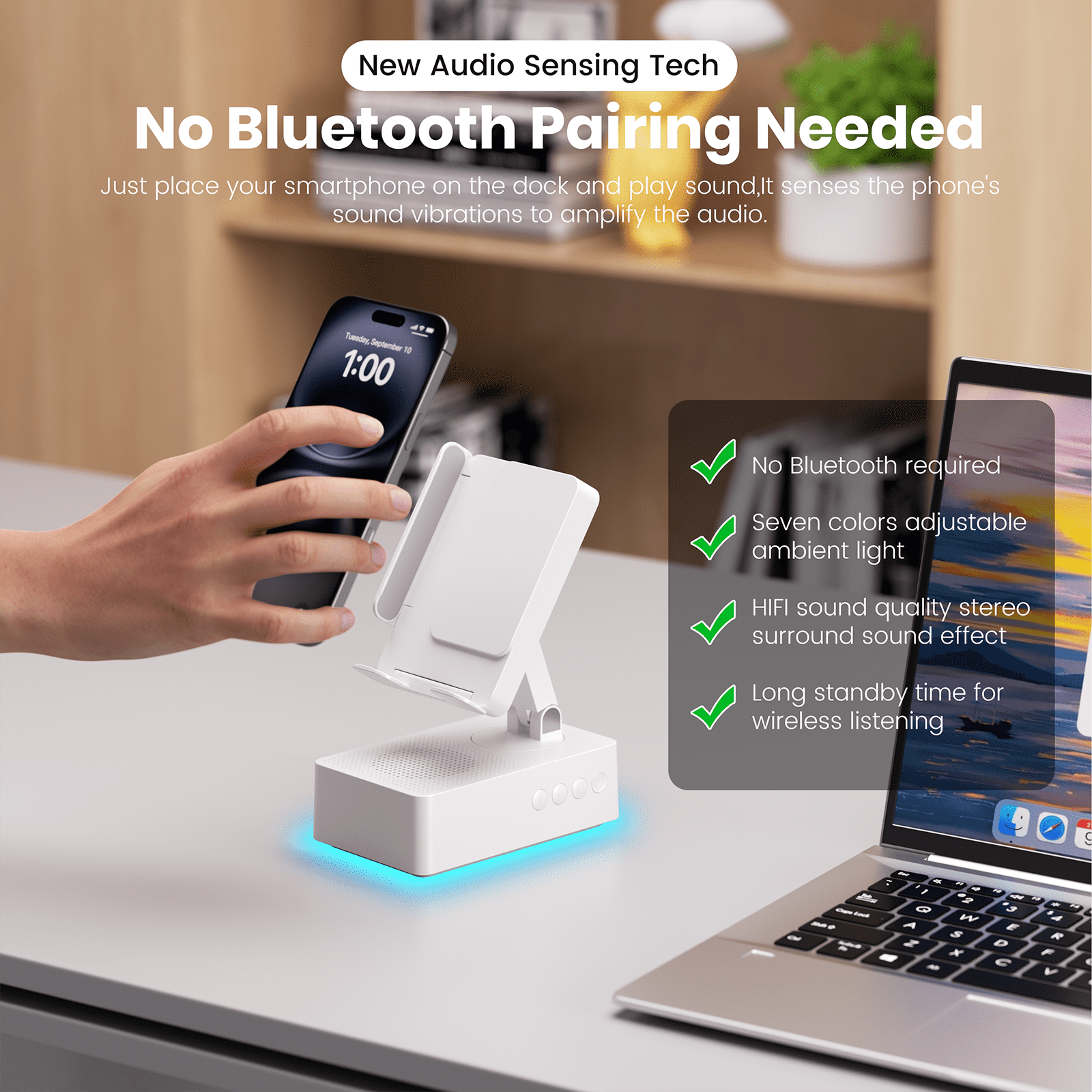 Wireless Induction Audio Bluetooth Speaker, Cell Phone Stand with Wireless Bluetooth Speaker, Unique Gifts for Men/Women, Adjustable Phone Holder with Colorful Ambient Light for iPhone/iPad