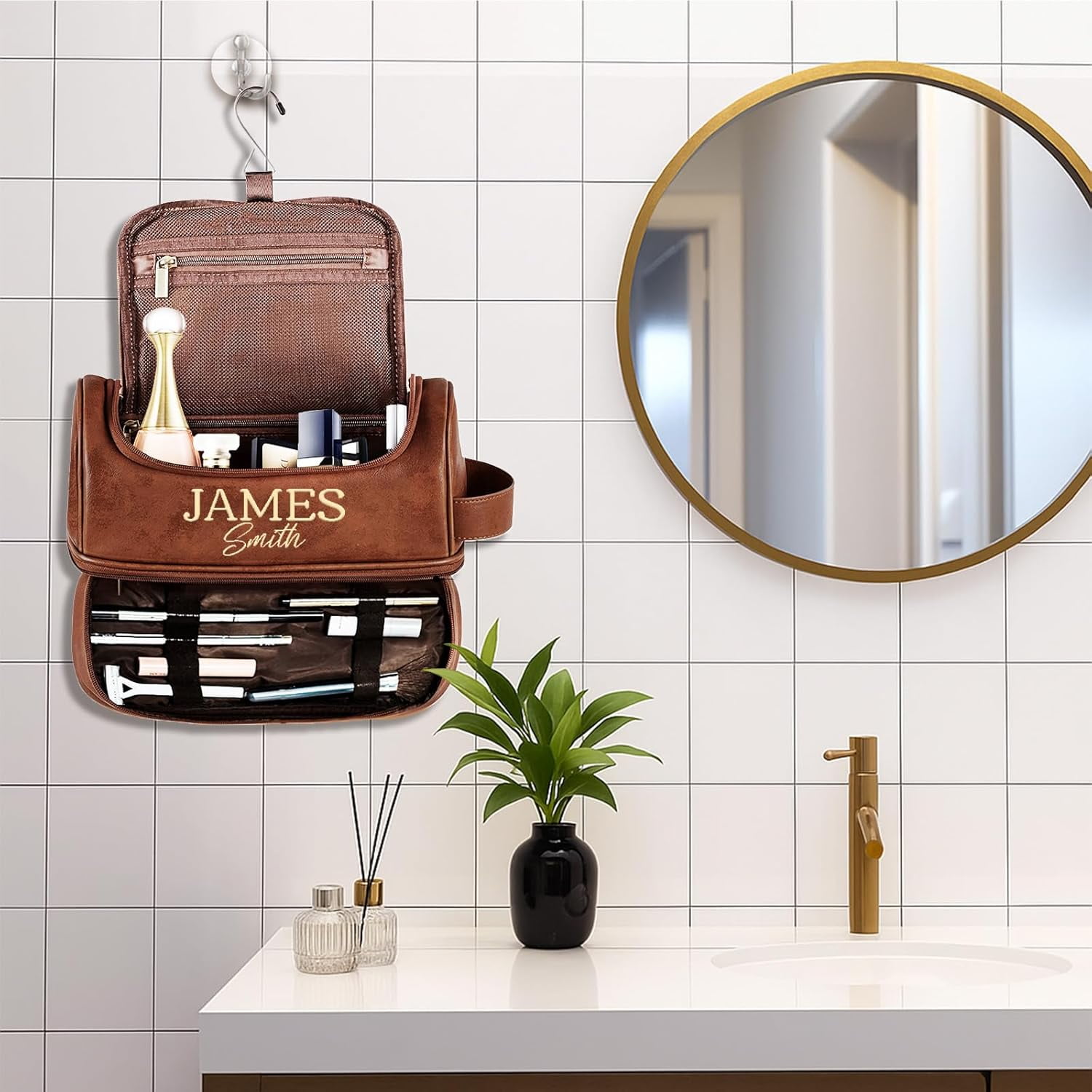 Personalized Gifts for Men, Mens Personalize Toiletry Bag, Custom Leather Toiletries Travel Bag, Customize Shaving Kit, Men's Gift Ideas for Christmas（Brown）