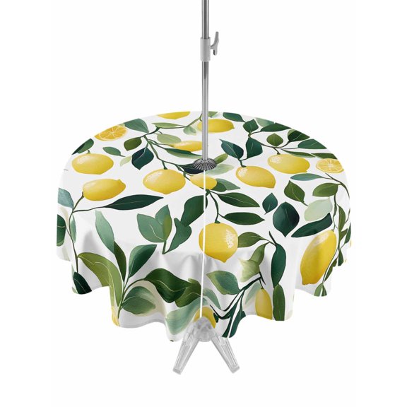 Outdoor Table Cloth with Umbrella Hole and Zipper, Summer Lemon Waterproof Round Tablecloth 54 Inch, Yellow Fruits Green Botanical Pastoral Washable Table Cover for Outside Party Patio Picnic