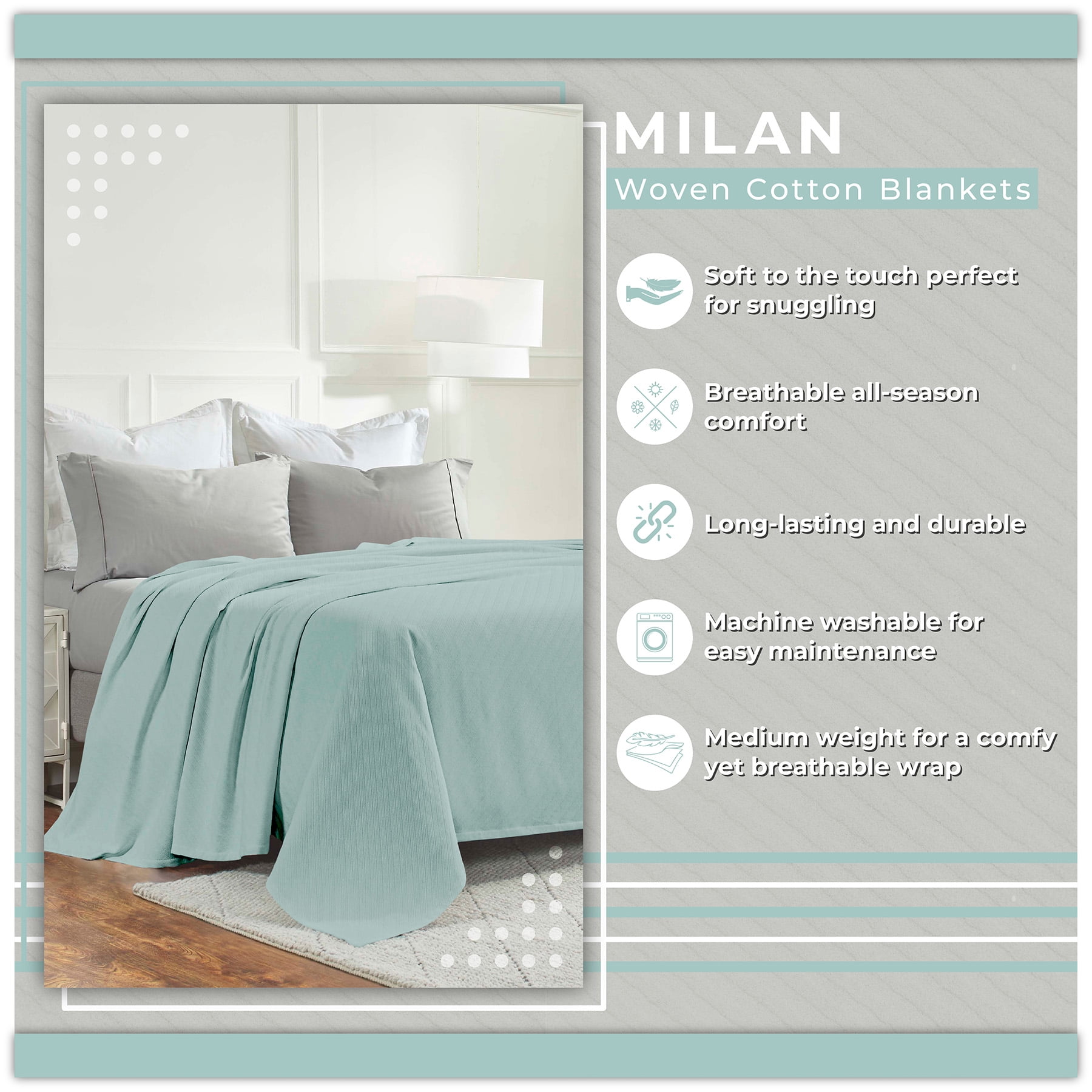 Superior Milan Cotton Textured Striped Woven Blanket, King, Aqua