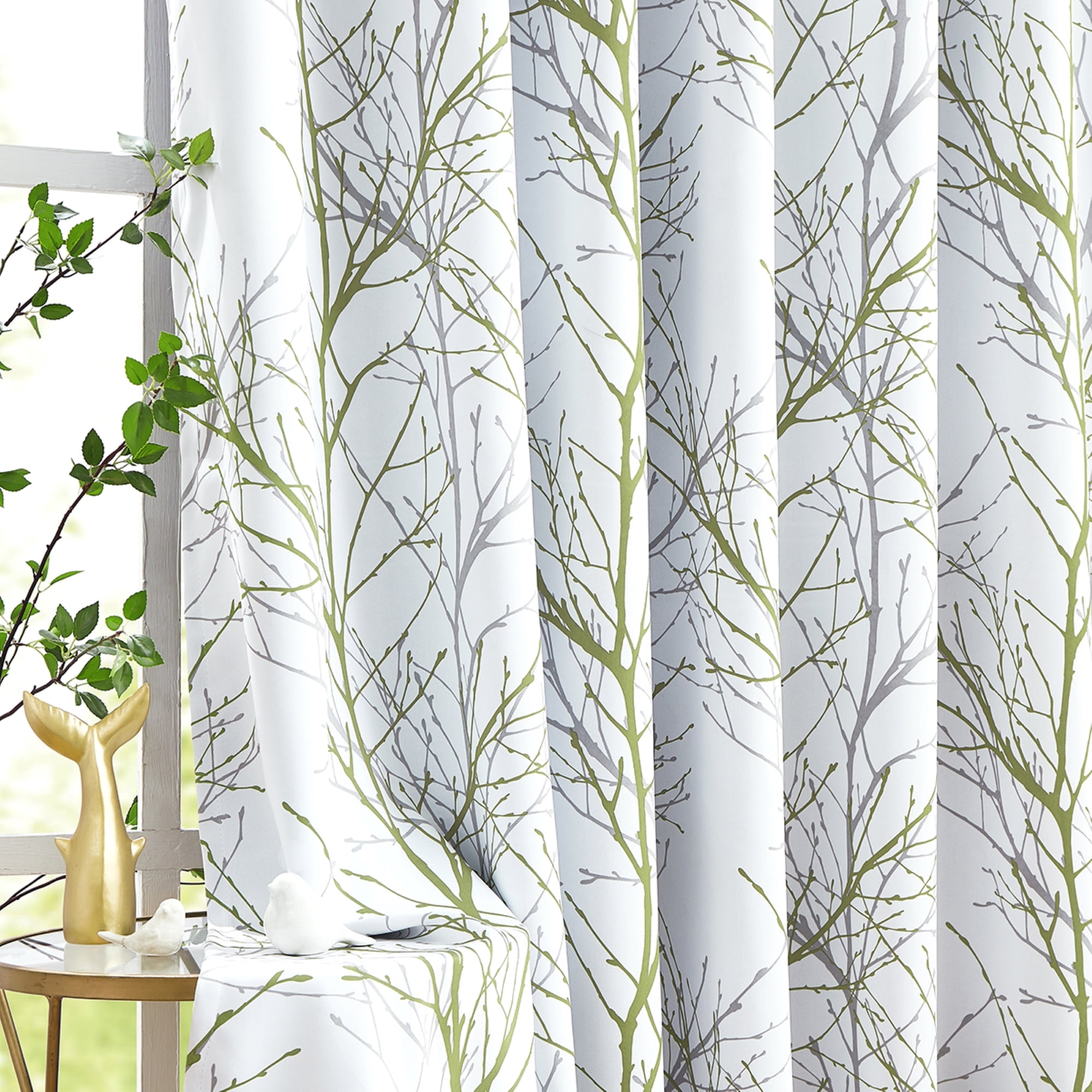 Decoultimatex Green Gray Branch Blackout Curtains for Bedroom Triple Weave Energy Saving Full Blackout Window Curtains for All Seasons, 52"x96"x2