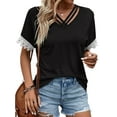 thumbnail image 3 of HUBERY Women Strappy V Neck Lace Patchwork Short Sleeve Solid Color Top, 3 of 5