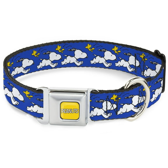 Peanuts Worldwide LLC Pet Collar, Dog Collar Metal Seatbelt Buckle, Peanuts Snoopy Running and Woodstock Pose Blue, 9.5 to 13 Inches 1.0 Inch Wide