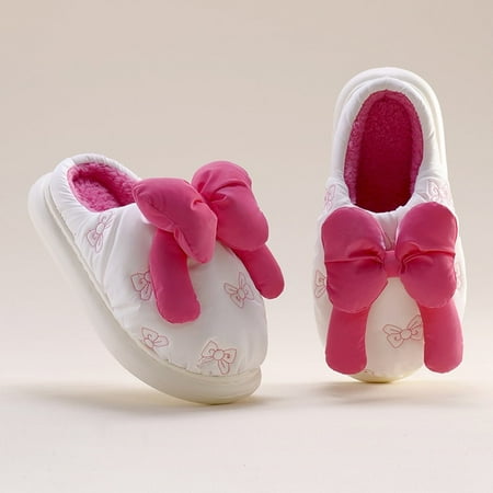 

CoCopeanut Lovely Bow-knot Waterproof Down Upper Design Winter Warm Thick Bottom Women Slippers Soft Non-Slip Leisure Couple Slippers Men