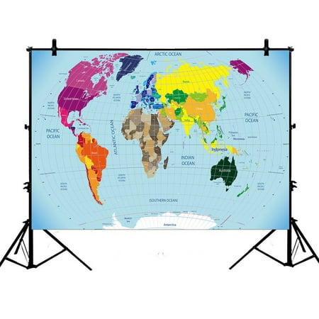 Image of PHFZK 7x5ft Global Earth Map Backdrops High Detailed World Map with Time Zone Clocks Navy Bule Photography Backdrops Polyester Photo Background Studio Props