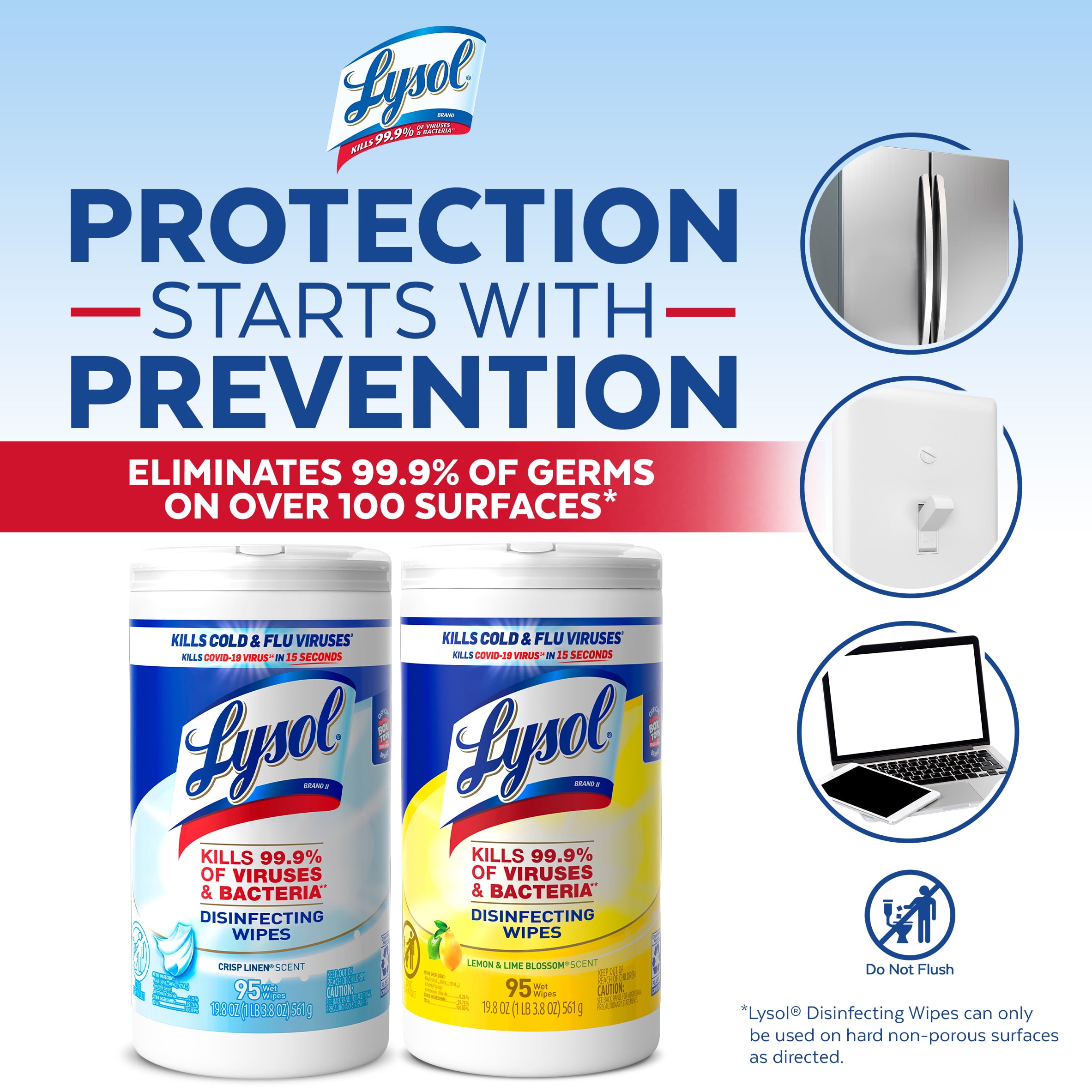Lysol Disinfectant Wipes Bundle, Multi-Surface Antibacterial Cleaning Wipes, For Disinfecting & Cleaning, contains x2 Lemon & Lime Blossom (95ct) and x2 Crisp Linen (95ct)