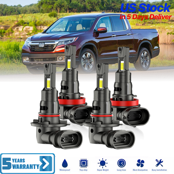Premium LED Upgrade Kit - H11 9005 LED Headlight Kit - Compatible with Honda Ridgeline 2017-2022 – 4 Pack High and Low Beam Lamp Set – Fan 48,000LM LED Replacement Bulb Kit
