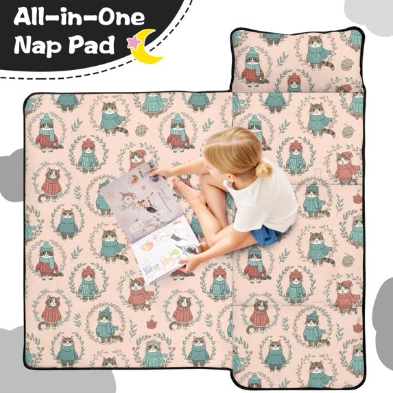 Cat and Sweater Pink Pattern Teens Toddler Nap Mat with Pillow, Sleeping Mat Bag for Preschool Daycare 50"x20"