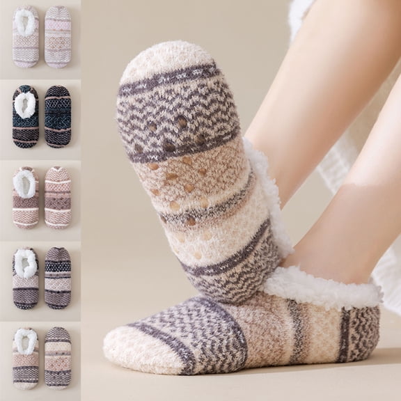 Striped Pattern Fleece Lined Non Slip Floor Socks for Men and Women, Warm Plush Cuff Indoor Slipper Socks for Bedroom Daily Home Use Khaki One Size