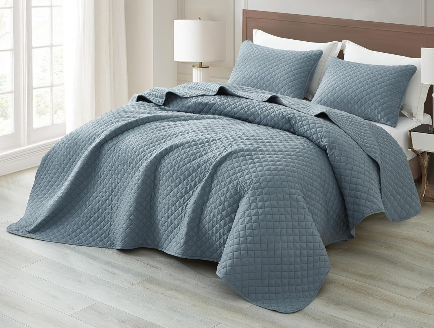 Chezmoi Collection Teo 3-Piece Dusty Blue Queen Size Quilt Set - Diamond Stitched Lightweight Microfiber Bedspread Set Bedspread Set for All Seasons
