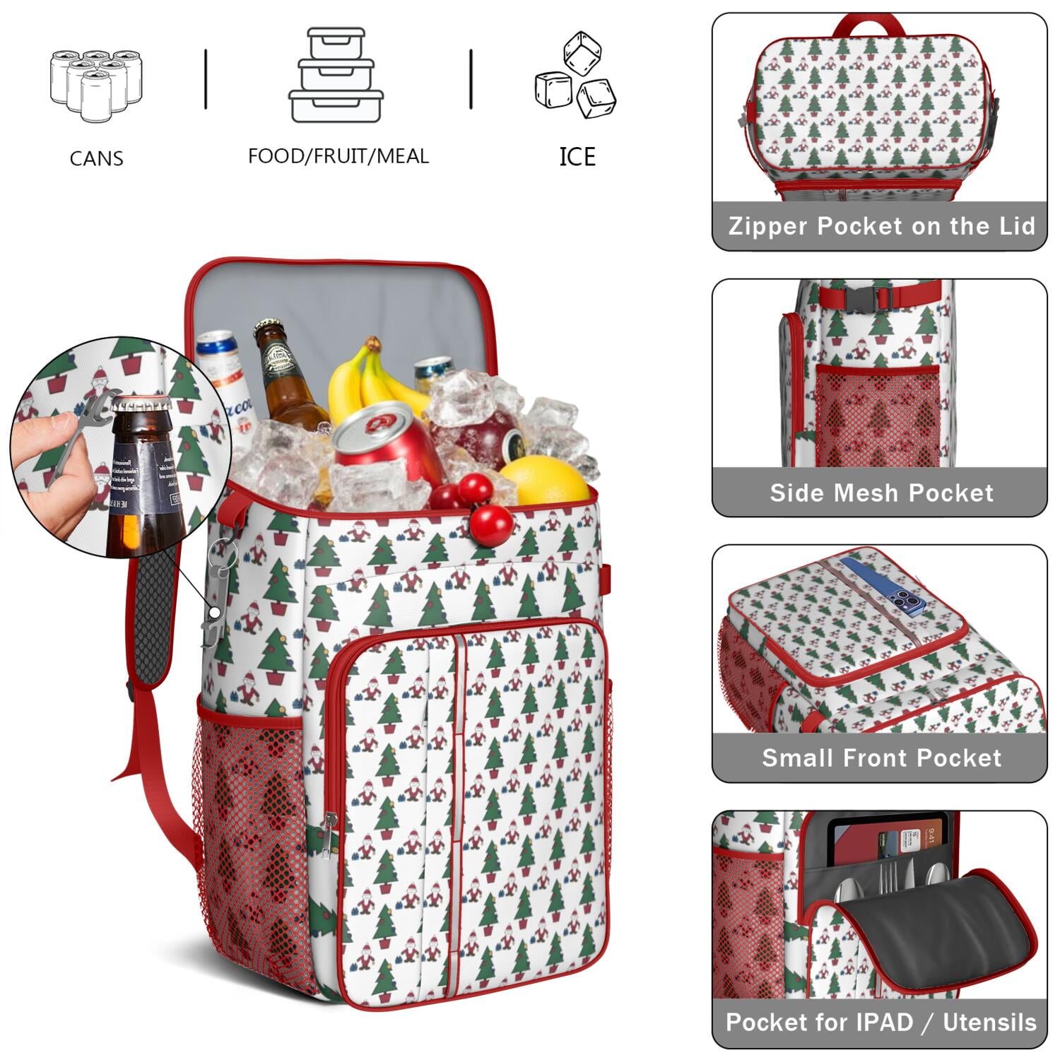 Travel Cooler Bag - White Christmas Santa and Tree Pattern Camping Beer Cooler Backpack with Bottle Opener- Waterproof Insulated Picnic Backpacks - Cooler Bag for Beach
