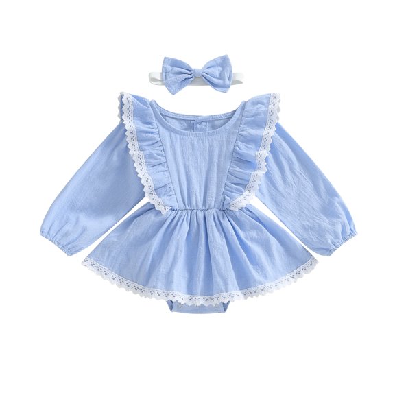 Musuos Baby Girls Fall Romper Dress 3M 6M 12M 18M Lace Trim Long Sleeve Round Neck Button Jumpsuit with Bow Headband Cute Clothes