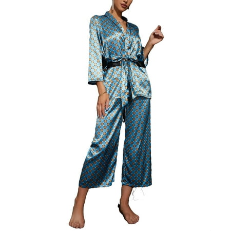 

Geometric Pant Sets Blue 3/4 Sleeve Elegant Women s Pajama Sets