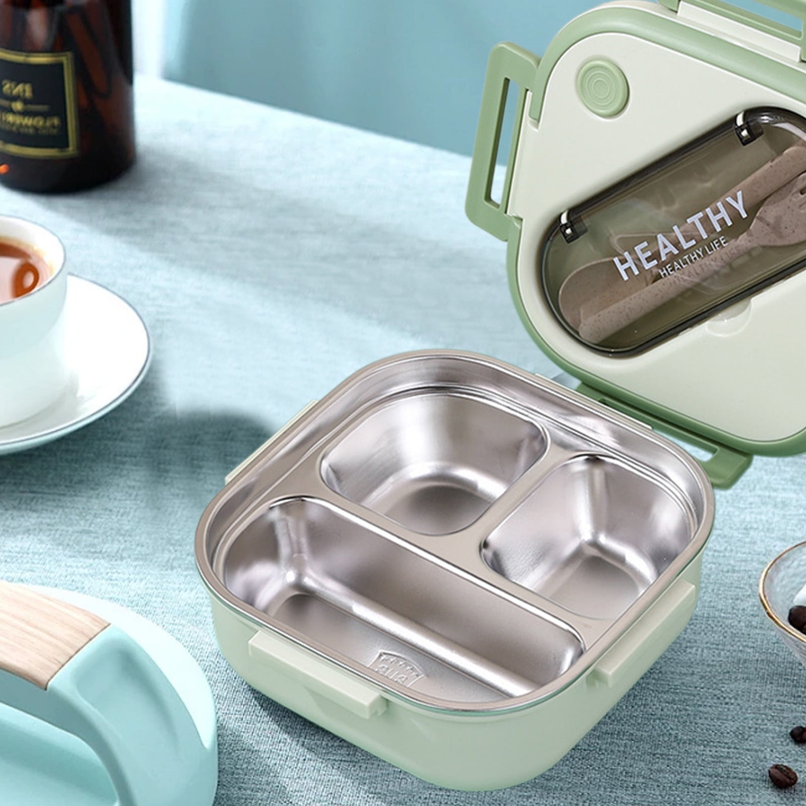 Roiihwy Three-Piece Set, Lunch Bento Box Included Dinnerwares, Compartment Snack Salad Food Prep Pack Container, Lunch Containers with Lid for Classroom Office Picnic, Green