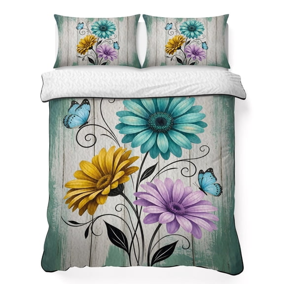 Quilts King Size Bedding Set, Teal Grey Rustic Farmhouse Lightweight Quilted Comforter, Country Turquoise Floral Daisy Soft Reversible Bedspread Coverlet with Pillow Covers for All Season, 96" x 106"