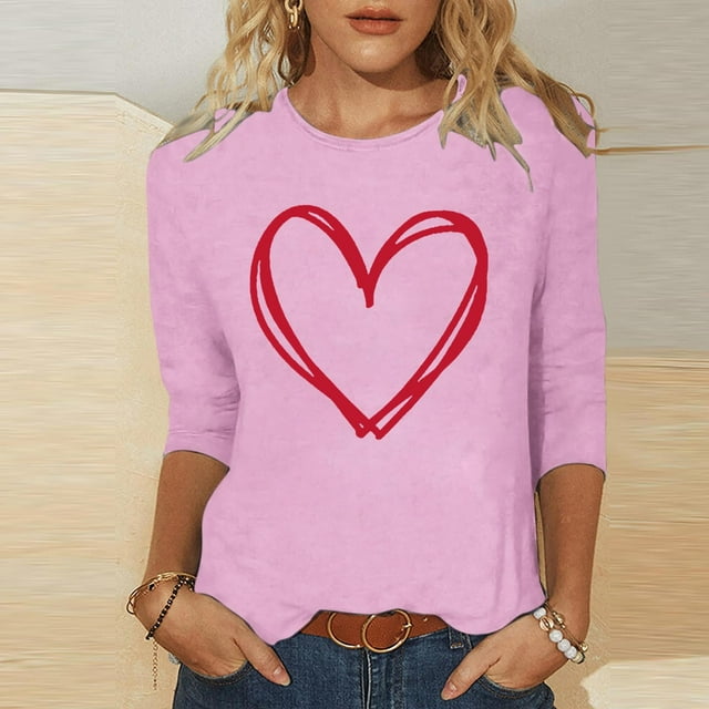 Ailaofu T-Shirts de la Saint-Valentin à Manches 3/4 Col Rond pour Femmes avec Imprimé Cœur Graphique