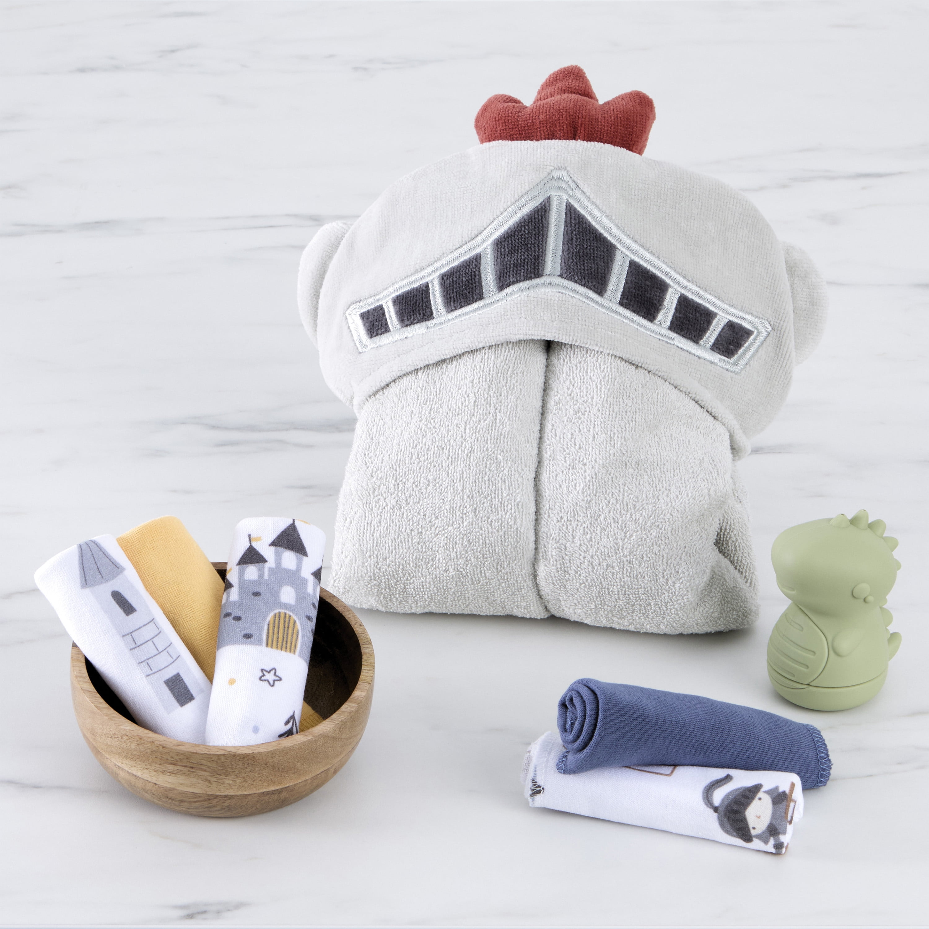 Evolur Supple Spa Kit With Towel, Includes Supple Baby Spa Set, 5-Piece Washcloth Set And Complementary Garden Hooded Towel in Grey