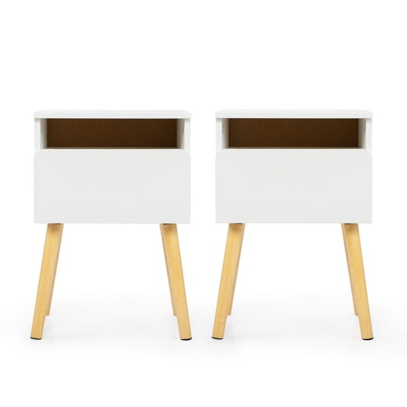 Jaxpety Set of 2 Wooden Nightstand with Drawer & Shelf, Modern Side End Table, White