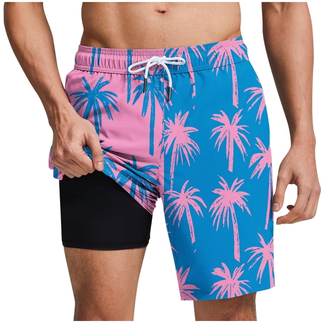 Men Casual Fashion Print Lining Shorts With Pockets Elastic Waist Beach Pants