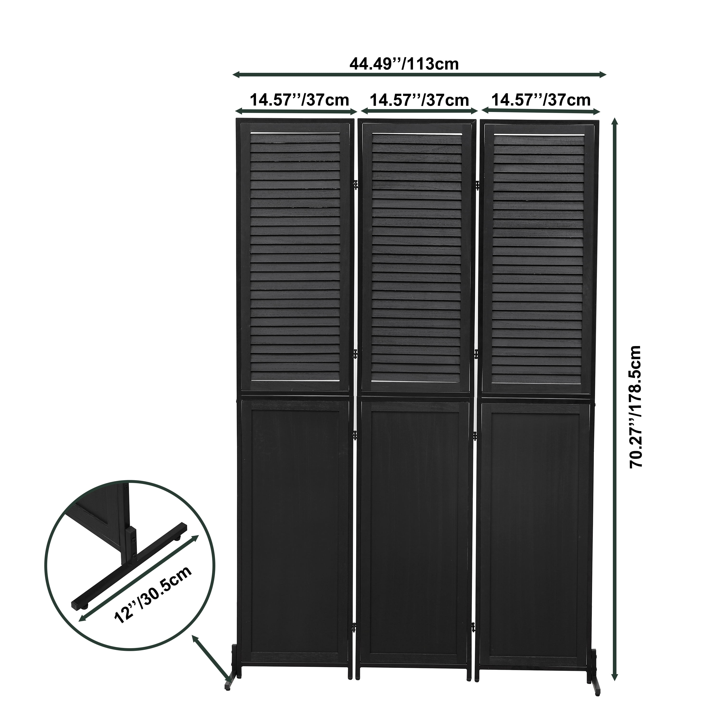Royard Oaktree 3 Panels Room Divider with Shutter, 6 FT Wood Folding Privacy Screen, Freestanding Partition Wall Divider Screen for Home, Office, Bedroom, Living Room Separation (Black-Style 1)