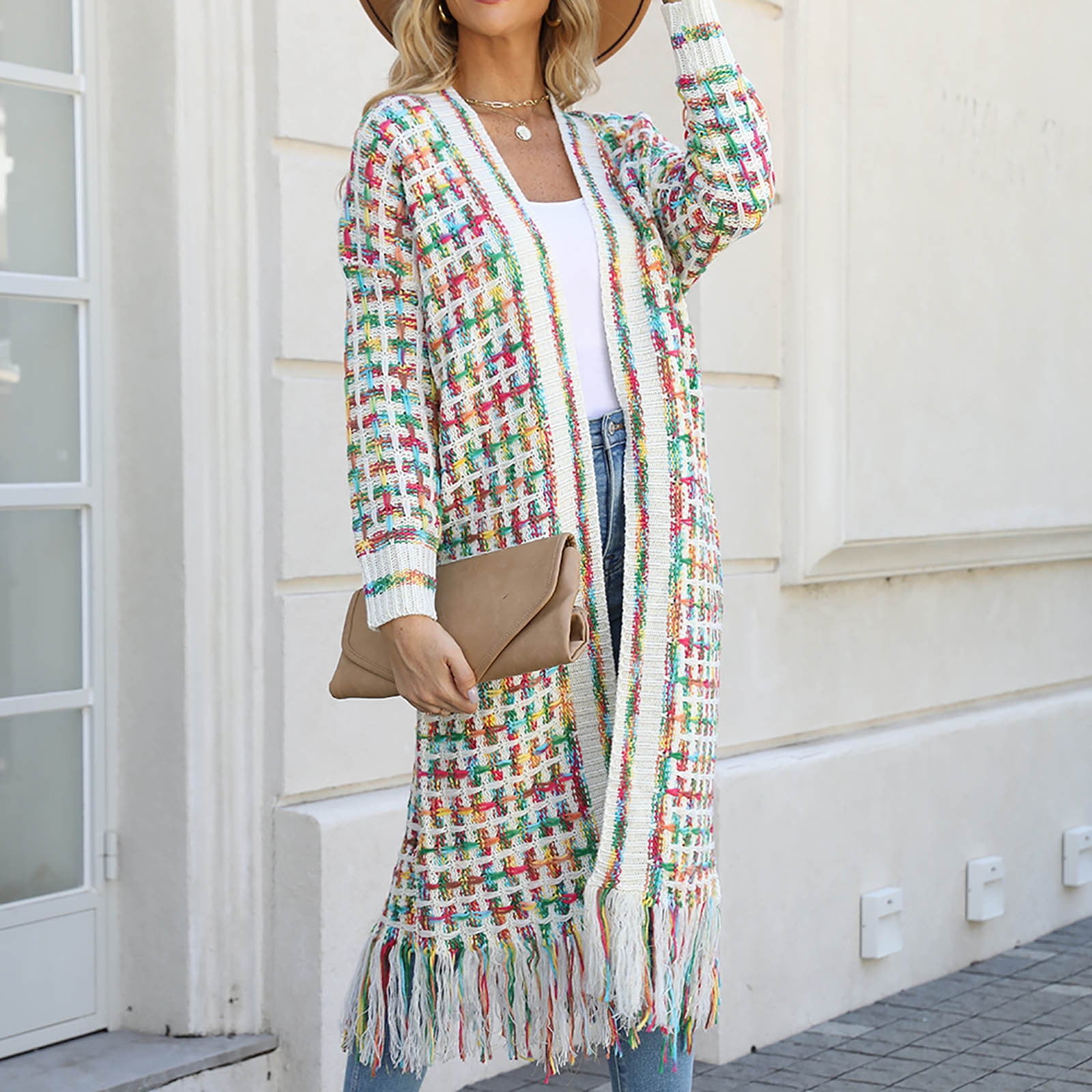 Cardigans Sweaters for Women Long Sleeve Open Front Tassels Oversized Knitted Coats Knee Length Checkered Color Block Soft Outerwear Sweater