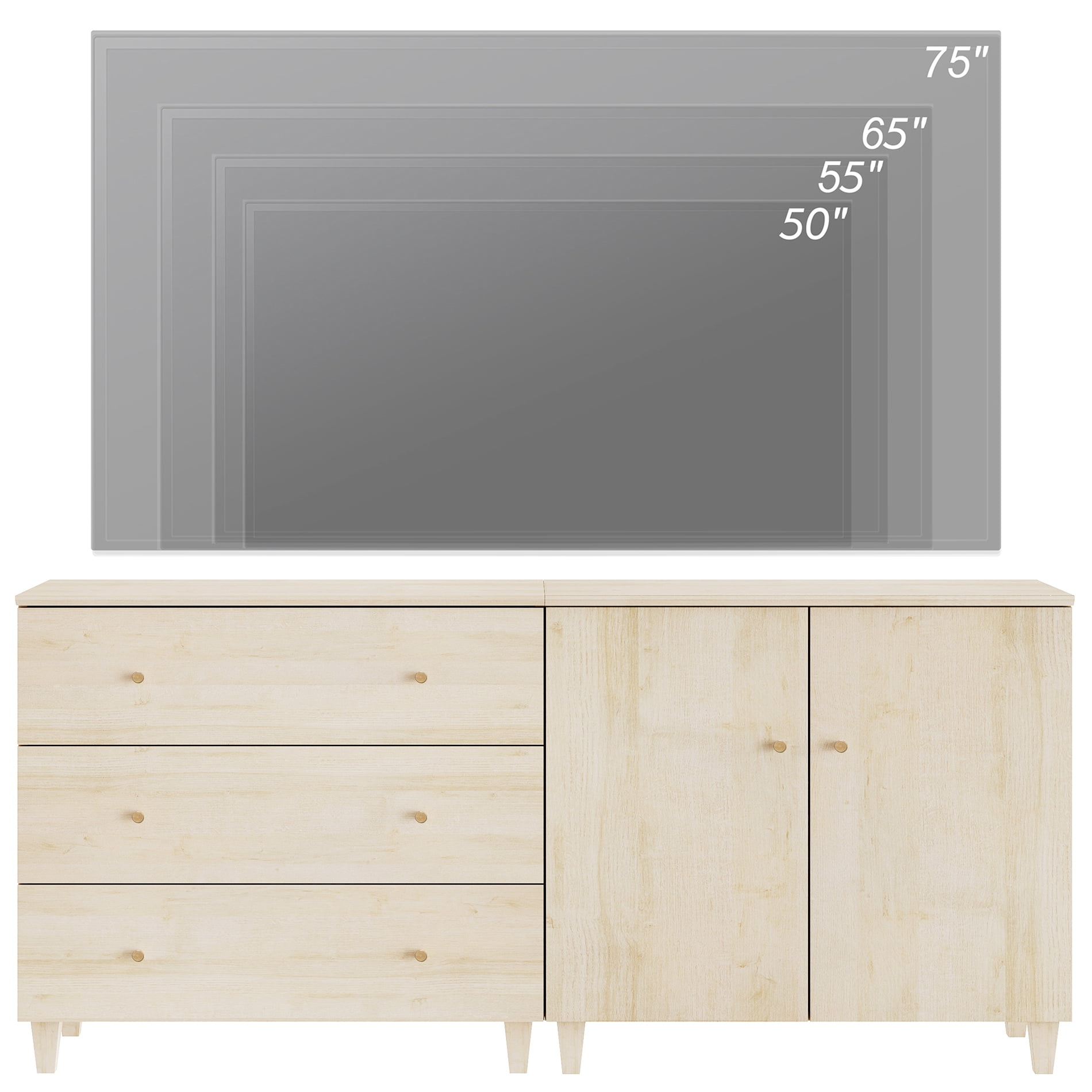 WAMPAT TV Stand for 75+ Inches TVs, 2-in-1 Modern Wooden Media Console with 3 Spacious Drawers and 1 Storage Cabinet for Living Room, Light Oak