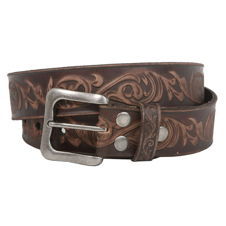Western Floral Engraved Buckle Belt - Full Grain Genuine Leather, 1.5" Wide (Black/Brown/White)