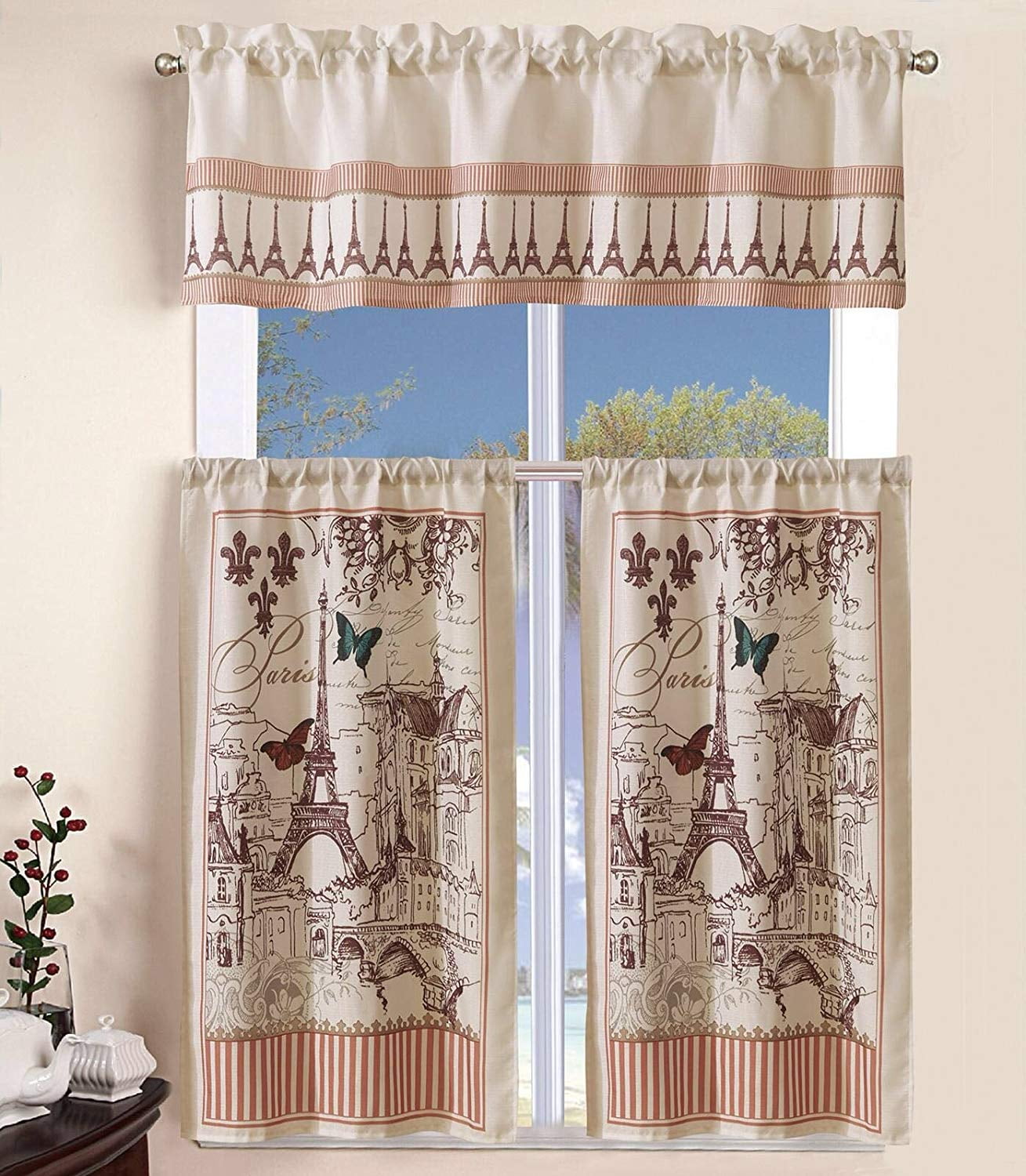 MarCielo 3 Piece Printed Floral Kitchen/Cafe Curtain With Swag and Tier