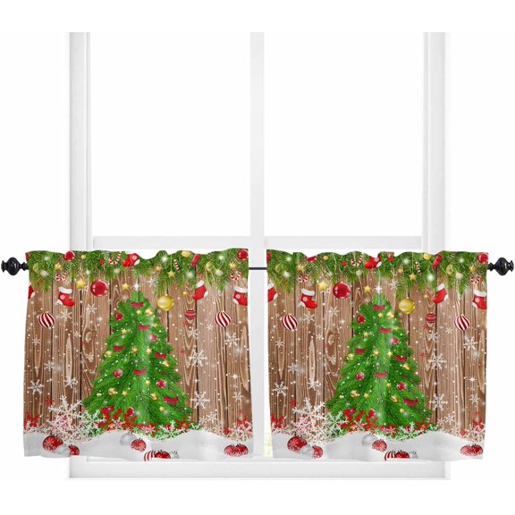 Christmas Tree Kitchen Curtain 2 Panels Tiers Curtains 36 Inch Length, Xmas Snowflake Botanical Balls Vintage Curtains Rod Pocket Curtains Window Drapes Treatment Window Cafe Curtains