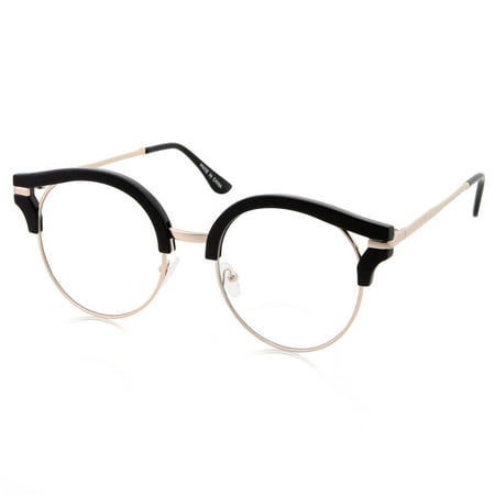 Womens Trendy Round Cat Eye Metal Clear Black Glasses