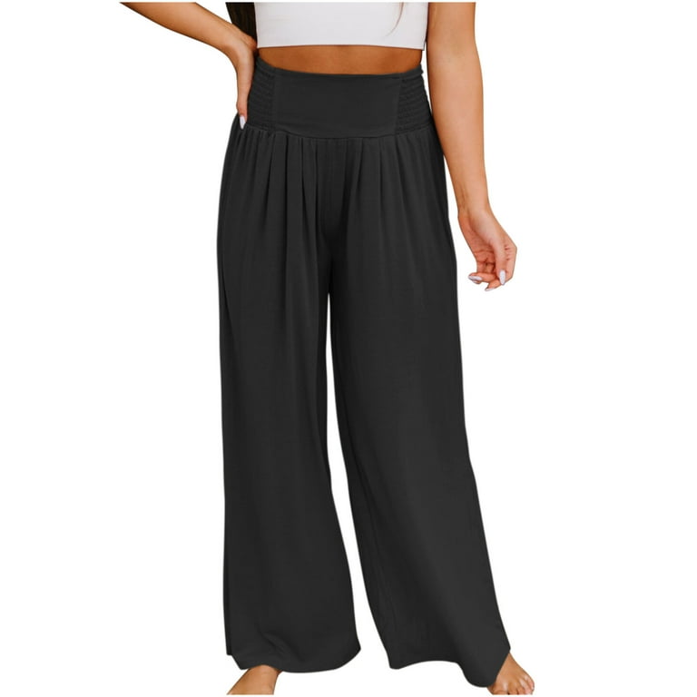 Meichang Women's High Waisted Wide Leg Pants Pleated Elastic Waist Loose  Palazzo Trousers Solid Casual Yoga Gym Pants Cropped Trousers Spring Summer  Clothes Black S 